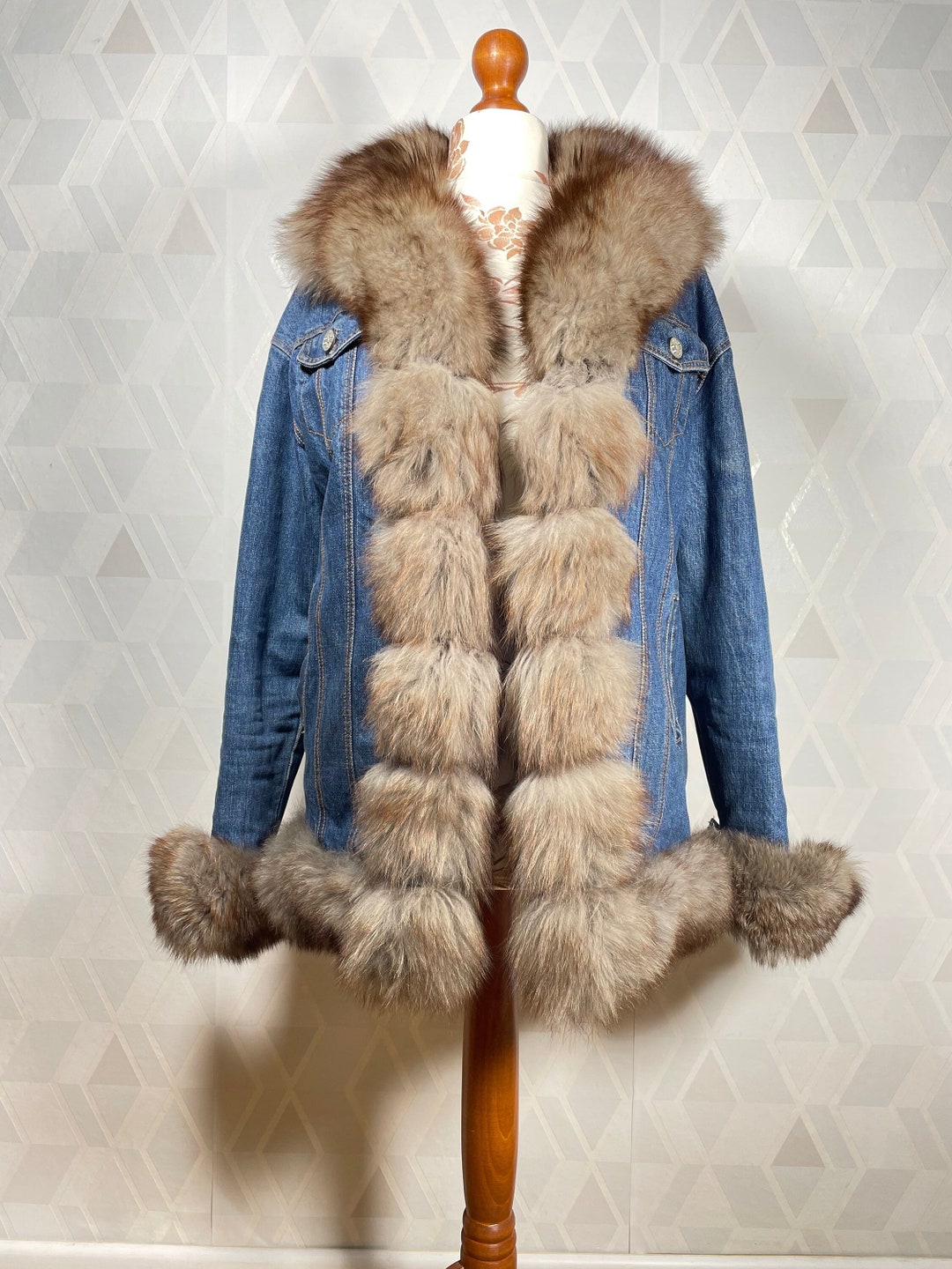 Rabbit Fur Lined Denim Womens Fur Collar Denim Jacket Rabbit Fur