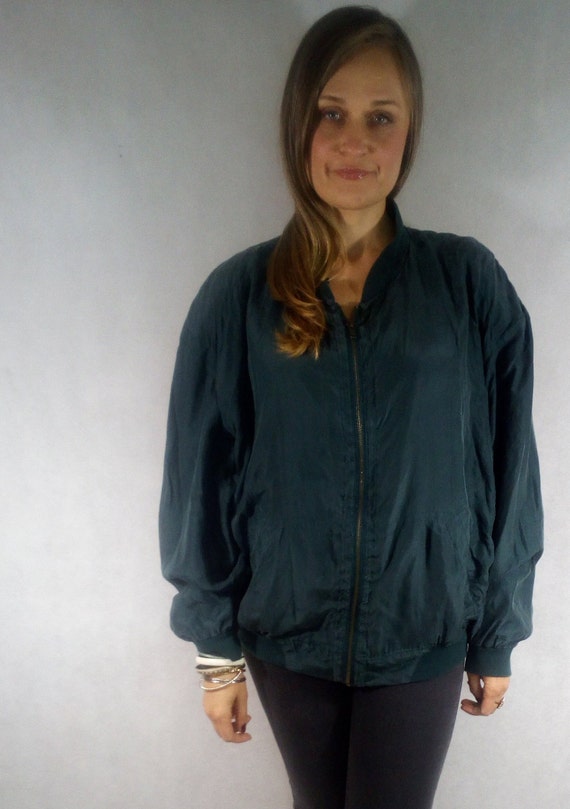 Vintage 80s  Green Silk Bomber Jacket - image 4