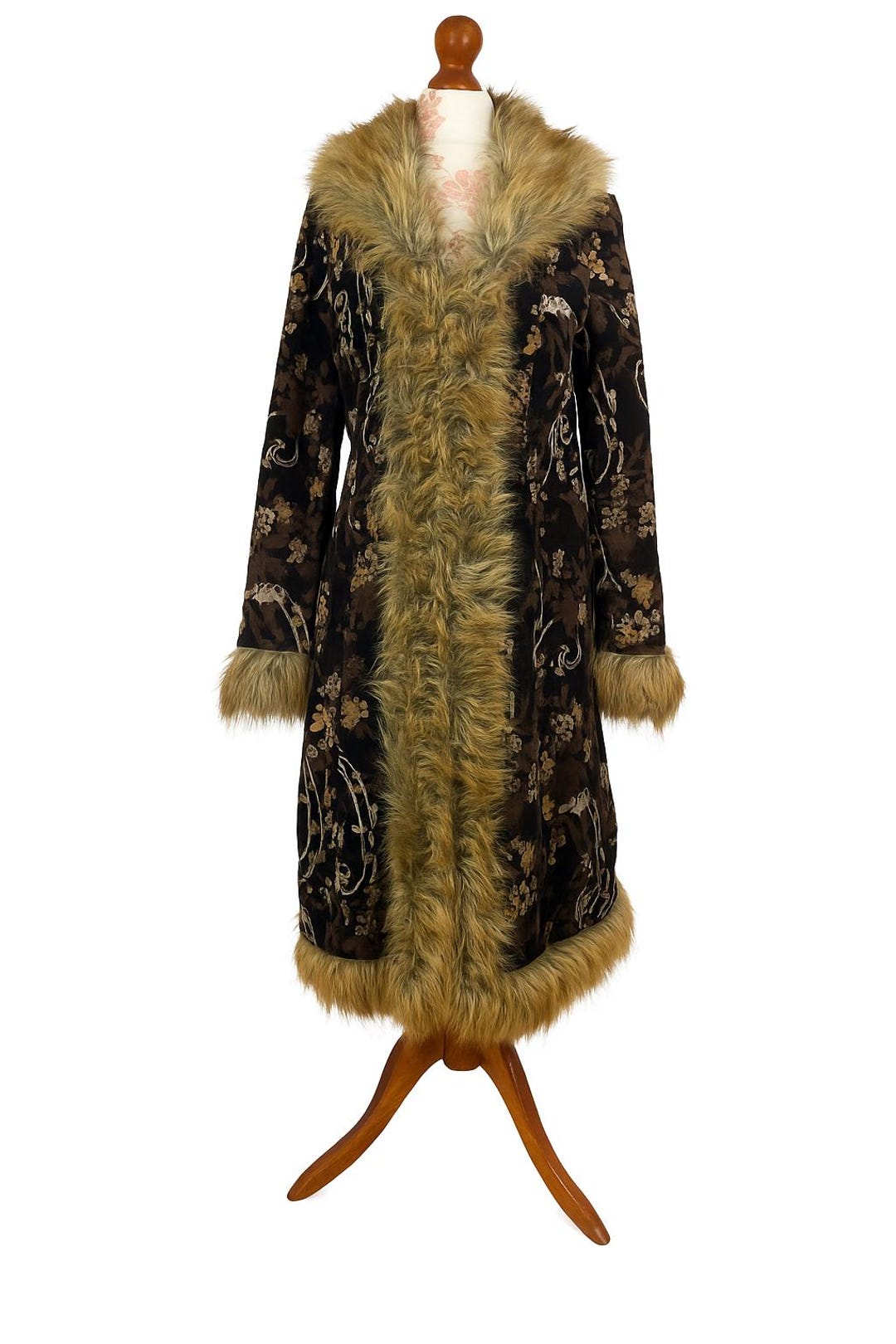 Vintage Tapestry Faux Fur Trim Vegan Coat With Beautiful Floral