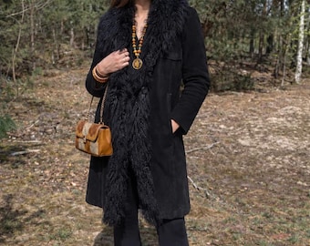 Vintage Penny Lane insane beautiful 60s 70s style suede leather mongolian tibetan fur coat. Daisy Jones coat. Mongolian lamb fur