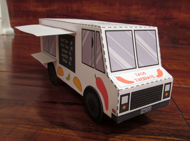 Food Truck Favor Box / Paper Toy / Decoration: DIY printable PDF with editable text image 2