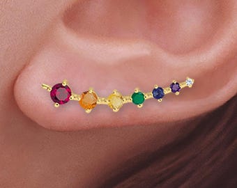 Pendientes trepadores de plata o oro originales con pasador para orejas. Pendientes trepadores de arcoíris para orejas perforadas o no.