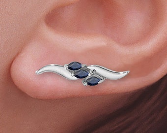 Ear Climber Sapphire Ear Pin Earrings - 10k White Gold- EarClimber Marquise Genuine Blue Sapphries - Ear Crawler Earrings