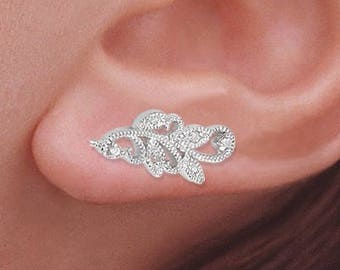 Pendientes trepadores de plata o oro originales con pasador para orejas. Pendientes trepadores de diamantes para orejas perforadas o no.