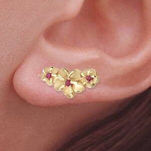 Ear Climber Earrings 14k Gold Original Ear Pin EarClimbers Plumeria with Rubies Earrings for Pierced or Non-Pierced Ears