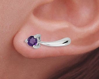 Pendientes trepadores de plata con pasador original. Pendientes trepadores con solitario de piedras preciosas para orejas perforadas o no.