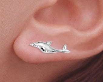 Ear Climber Earrings Silver or Gold Original Ear Pin EarClimbers Diving Dolphin Earrings for Pierced or Non-Pierced Ears - Crawler Earrings
