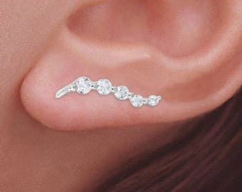 Pendientes trepadores de plata o oro con pasador original. Pendientes trepadores de circonita cúbica para orejas perforadas o no.