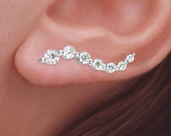Earclimber Earrings - Ear Climbers - Cubic Zirconia Earcrawlers - Journey Ear Pin Earrings - Sterling Silver or 14kt Gold