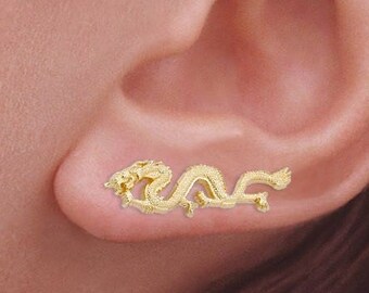 Gold Dragon Earclimber Earrings - Ear Pin Earrings - Ear Climbers - Ear Sweep - Earcrawlers - 18k Gold Over Sterling Silver