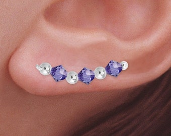 Ear Climber Ear Pin Earrings featuring Birthstone Swarovski Crystals with Alternating Beads in Sterling Silver