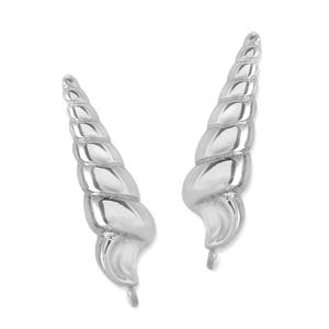 May include: A pair of silver shell-shaped earrings. The earrings are made of smooth, shiny metal and have a spiral design.