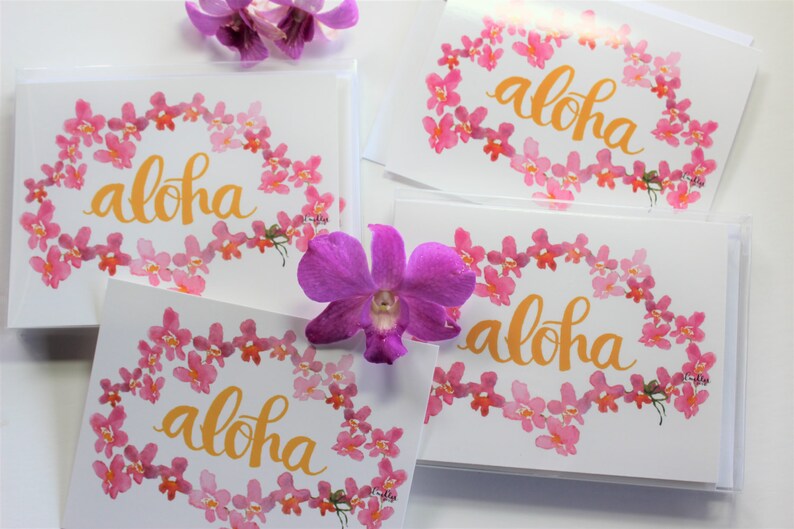 Aloha Pink Orchid Lei Note Card Set Folded Note Cards Hawaii Etsy