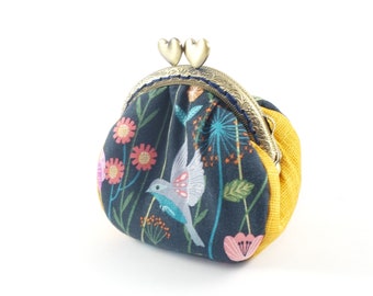 Birdy Floral Woman coin purse, Small Coin purse, coin pouch, Clasp purse, Fabric purse , Metal Frame Purse, Handmade Change Purse for Girls