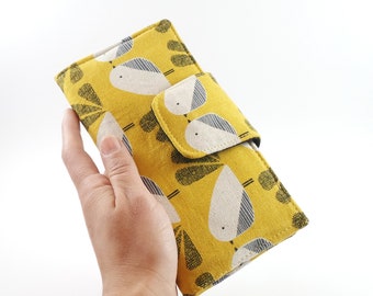 Birds women's wallet, gift for her, yellow slim purse, cute travel organizer, woman bifold wallet, Black friday sale