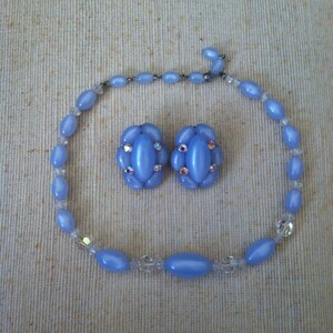 50&#39;s Blue & Crystal Bead Necklace/Earring Set