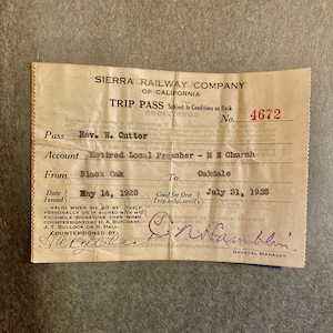 1928 Sierra Railroad Trip Pass