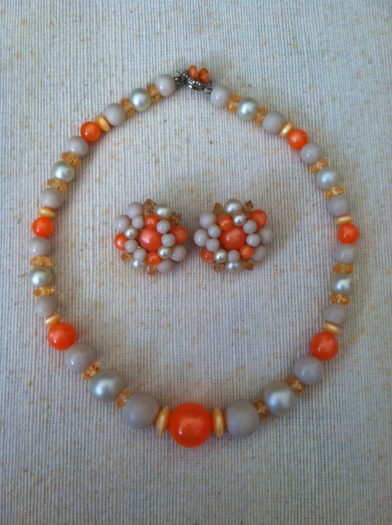 1950's Orange, Cream, & Crystal Bead Necklace Set