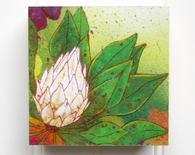 White Bloom Print on Wood Panel (4 x 4)