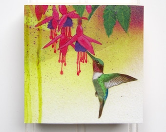 Hummingbird Print on Wood Panel (4 x 4)