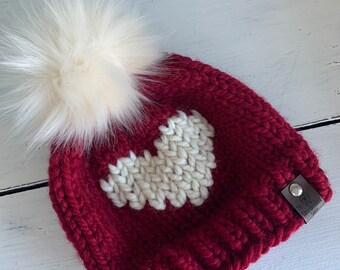 Valentine’s Day Red Heart Knitted Hat/Red Hat with White Heart