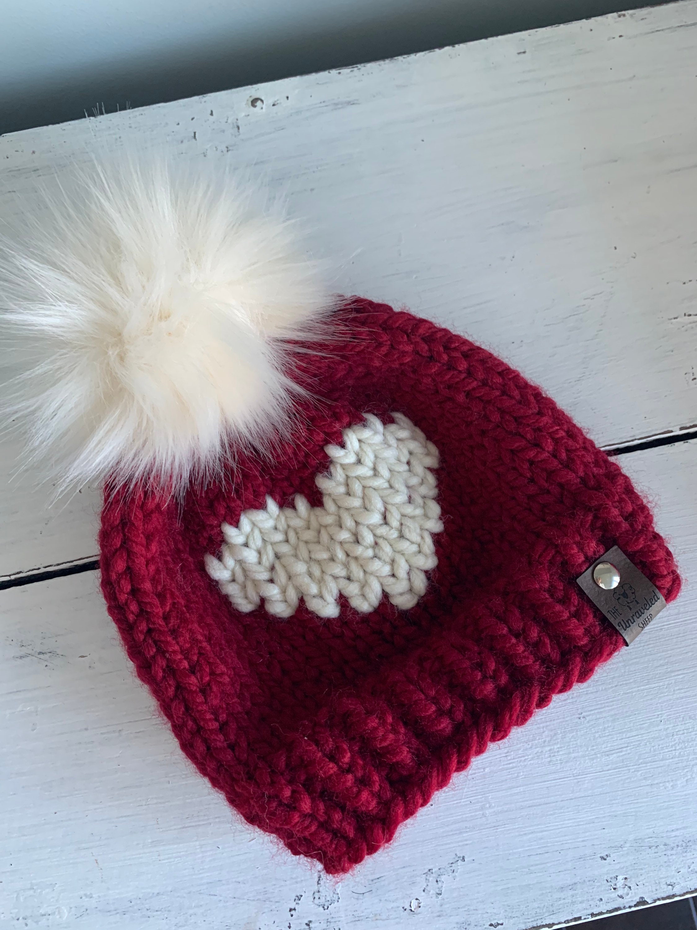 New Custom Designed Beige Cashmere Wool Pom Beanie with Red Heart with Button. Custom Knit Heart Beanie: Winter Pompom Hat, Valentine - Etsy main image 2