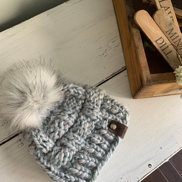 Jadie Arctic Ice Knitted Hat with Fur Pom