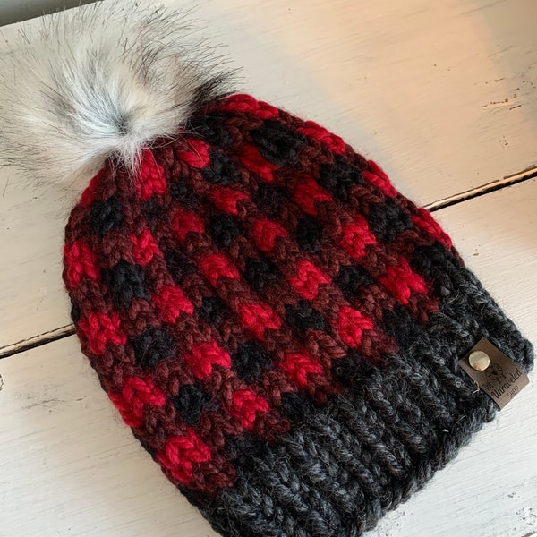 Buffalo Plaid Knitted Hat with Fur Pom