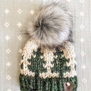 Christmas Tree Knitted Hat with Fur Pom - Wheat