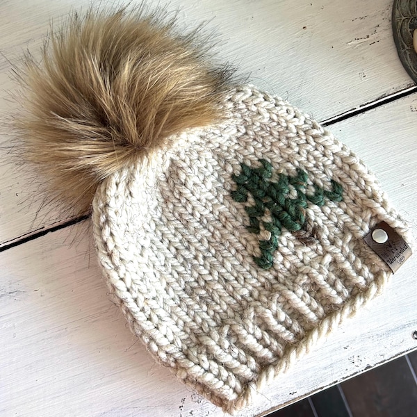 Christmas Tree Knitted Hat with Fur Pom - Evergreen - Single Tree on Wheat/Winter Beanie