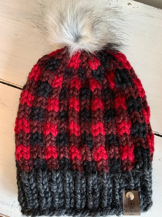 Women Winter Knit Beanie Pom Pom Hat Warm Fur Hats Buffalo Plaid Skull Ski Women Red-Plaid-Buffalo Beanie-Hat Pom-Stretch-Knit - Winter  main image 3