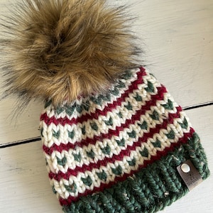 Christmas Fair Isle Striped Knitted Hat with Fur Pom - green, red, and white