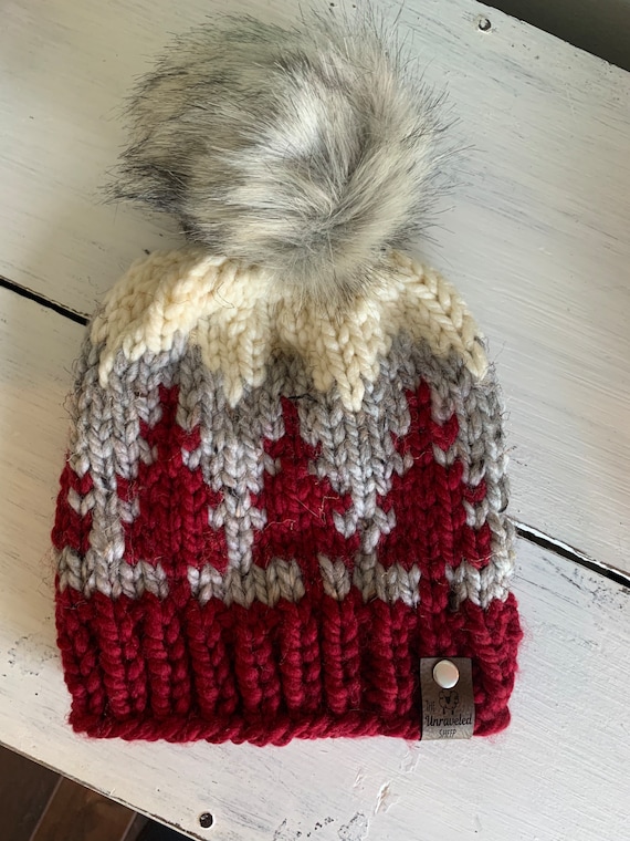 Burgundy Green Pine Evergreen Tree Holiday Knit Faux Fur Pom Beanie Winter Hat Burgundy Green Pine Evergreen Tree Holiday Knit Faux Fur Pom  main image 4