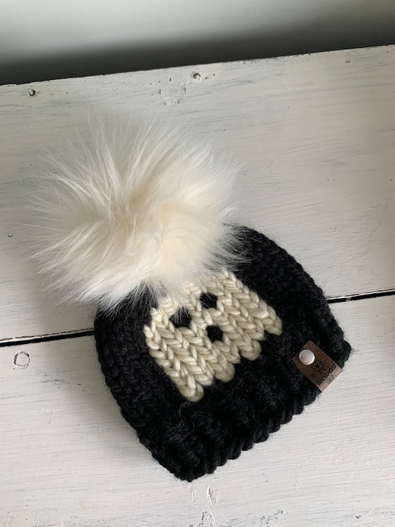 Black Ghost Halloween Knitted Hat with White Fur Pom/Winter Beanie