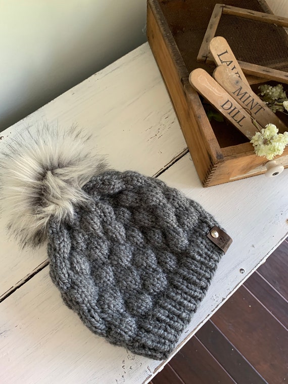 Dark Grey Bubble Knitted Hat With Fur Pom - Etsy display picture 3