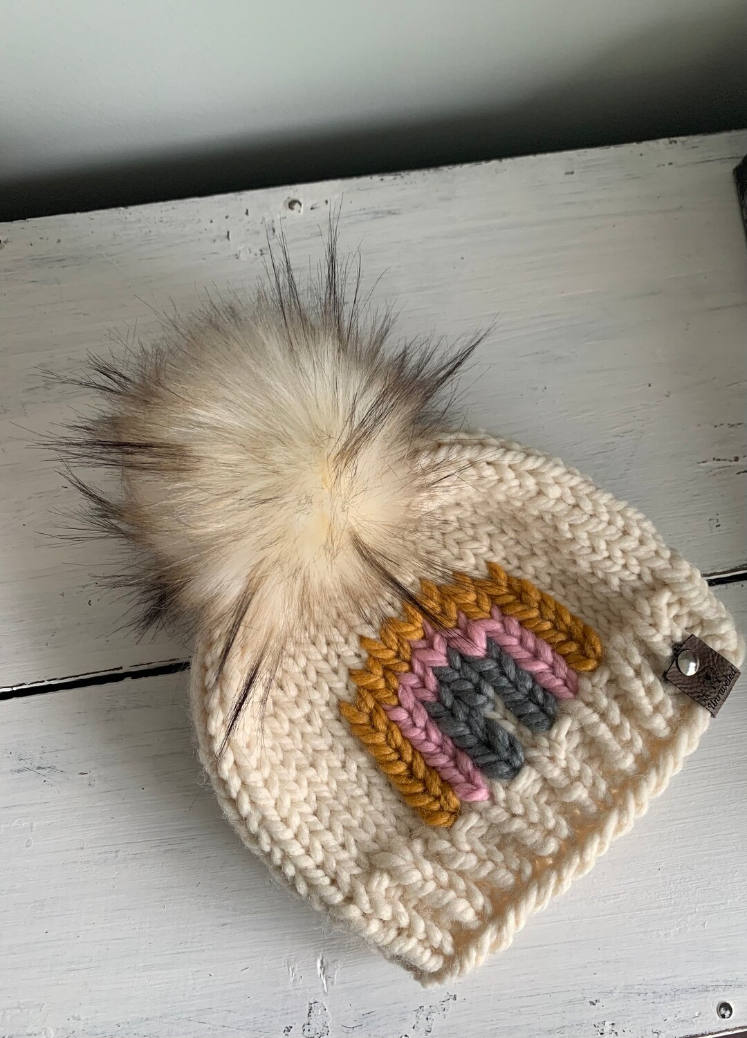 Rainbow Cream Knitted Hat With Fur Pom Etsy