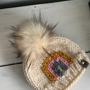 Rainbow cream Knitted Hat with Fur Pom