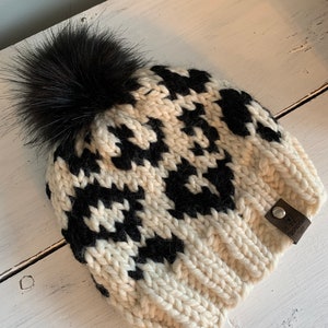 Animal Print White and Black Knitted Hat with Fur Pom/ Cheetah Print