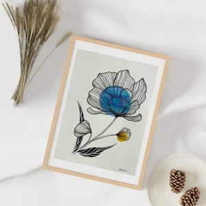 Blue and yellow flower in ink