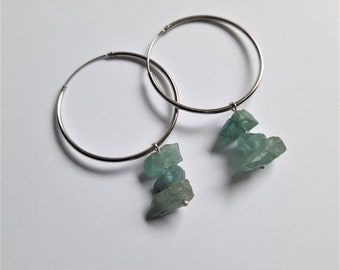 Silver earrings 30mm with rough apatite of 8-12mm