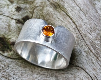 Sterling silver ring with citrine of 4 mm size 18 wide shaft 10 mm matted