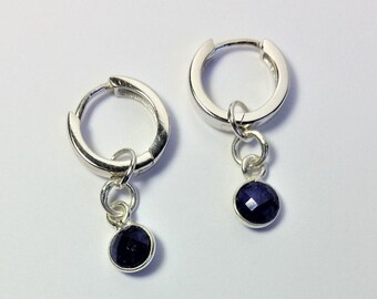 Blue sapphire 6mm charm on hinged hoop earrings of 13 mm