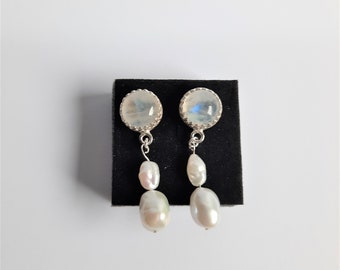 Rainbow moonstone 10 mm ear studs with decorative setting, keshi pearls 5-10mm length 38 mm