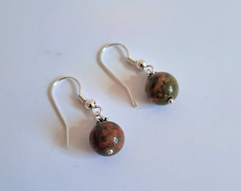 silver earrings with unakite bead of 8 mm