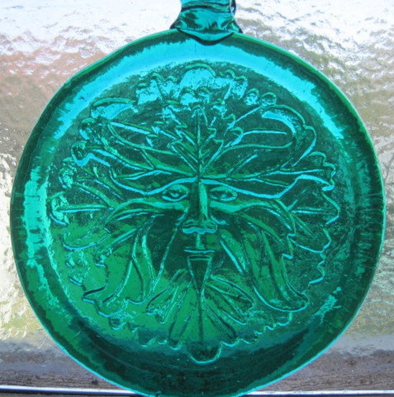 Greenman Green Man Pressed Art Glass Hanging Suncatcher Sun Catcher Ornament