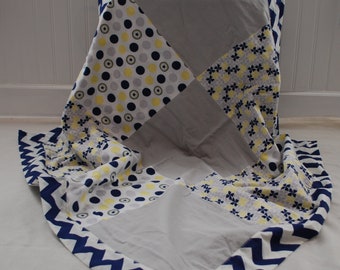 Patchwork Sterne Windrad und Chevron Baby Decke - blau, grau und gelb, Baby Decke, Baby-Dusche-Geschenk, Jungen-Kinderzimmer-Bettwäsche,