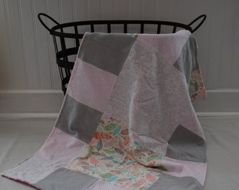 Feder und Damast Baby Mädchen Patchwork Decke: Rosa, Grau, und Weiß Babydecke, Polka Dot Babydecke, Feder Mädchen Kinderzimmer Bettwäsche