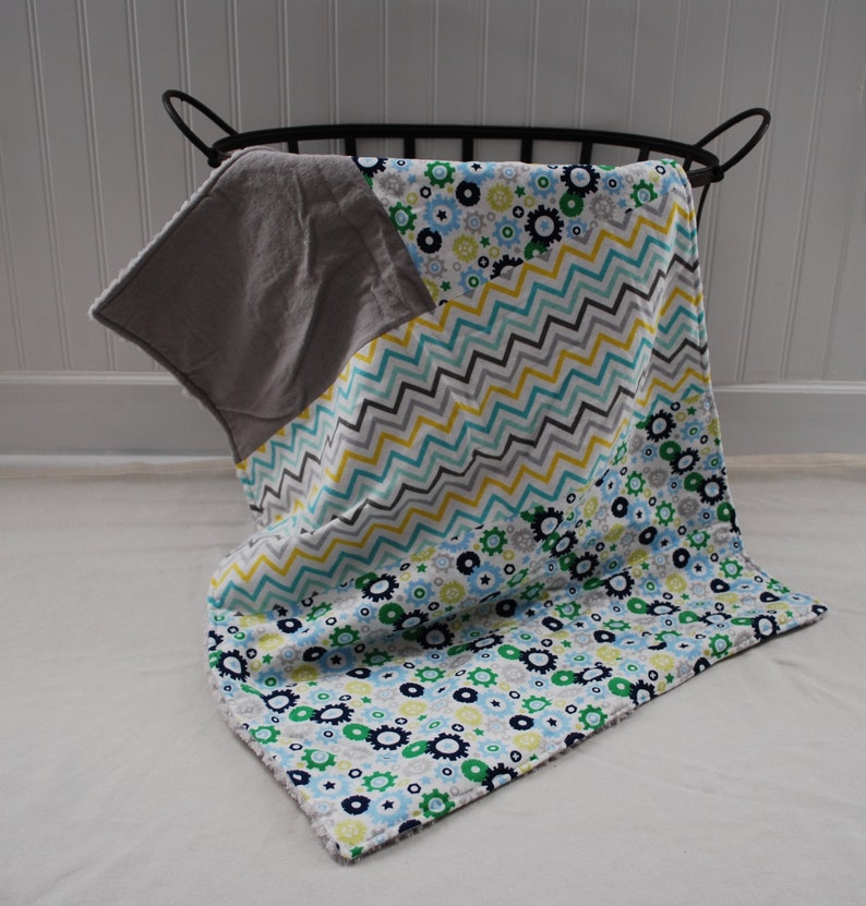 Patchwork Fuzzy Fleece Baby Blanket- Blue Gear Baby Blanket and Green Baby Blanket Chevron Baby Blanket Gray