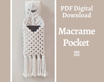 Patrón para tapiz de bolsillo de macramé. Descarga digital en PDF. Instrucciones y fotos. Cesta bohemia para colgar en la pared.