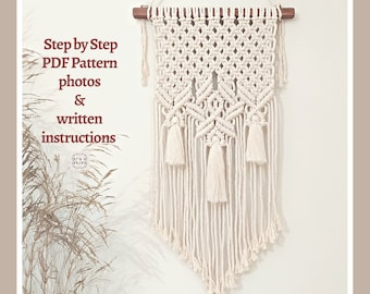 Patrón para tapiz de macramé DIY. Descarga digital en PDF. Instrucciones paso a paso y fotos para principiantes. Manualidades bohemias DIY.
